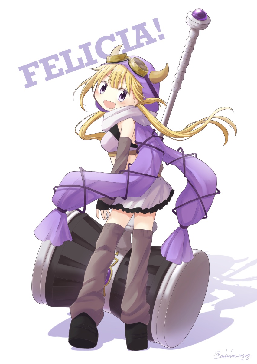 1girl :d absurdres black_shoes blonde_hair blunt_bangs character_name commentary_request crop_top detached_sleeves from_behind full_body goggles goggles_on_headwear hammer highres hood hood_up horned_hood horns itou_(ankocha-mgmg) long_hair long_sleeves looking_at_viewer looking_back magia_record:_mahou_shoujo_madoka_magica_gaiden magical_girl mahou_shoujo_madoka_magica mitsuki_felicia open_mouth purple_eyes purple_hood purple_scarf purple_skirt scarf shadow shoes sidelocks simple_background skirt smile solo standing twintails white_background