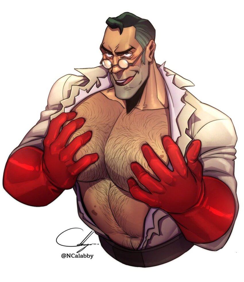 1boy bara bare_pectorals belt black_hair blood_on_stomach brown_belt cabbage_(ncalabby) chest_hair coat collarbone collared_coat collared_shirt cropped_torso elbow_gloves furrowed_brow glasses gloves grabbing_own_pectoral grey_eyes groping highres huge_pectorals lab_coat large_pectorals male_focus mature_male medic_(tf2) muscular muscular_male navel_hair open_clothes open_coat parted_lips pectoral_focus pectoral_grab pectorals red_gloves red_medic_(tf2) rubber_gloves shirt short_hair simple_background smile solo stomach_hair team_fortress_2 teeth tongue tongue_out torn_clothes torn_coat torn_shirt upper_body upper_teeth_only white_background white_coat white_shirt