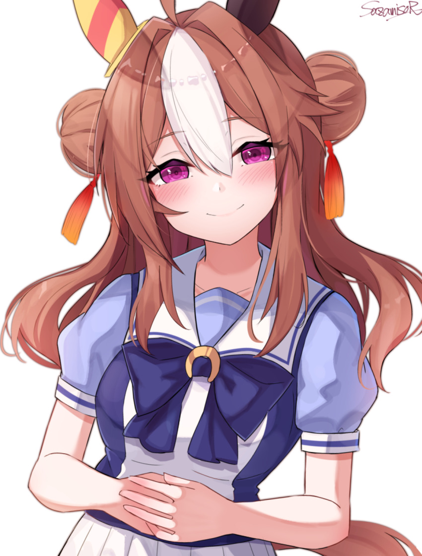 1girl ahoge animal_ears blush bow bowtie brown_hair copano_rickey_(umamusume) double_bun ear_covers hair_between_eyes hair_bun highres horse_ears horse_girl horseshoe_ornament long_hair looking_at_viewer medium_hair multicolored_hair pleated_skirt puffy_short_sleeves puffy_sleeves purple_bow purple_bowtie purple_eyes purple_serafuku purple_shirt sailor_collar sailor_shirt sazamiso_rx school_uniform serafuku shirt short_sleeves signature simple_background skirt smile solo tracen_school_uniform two-tone_hair umamusume upper_body white_background white_hair white_skirt