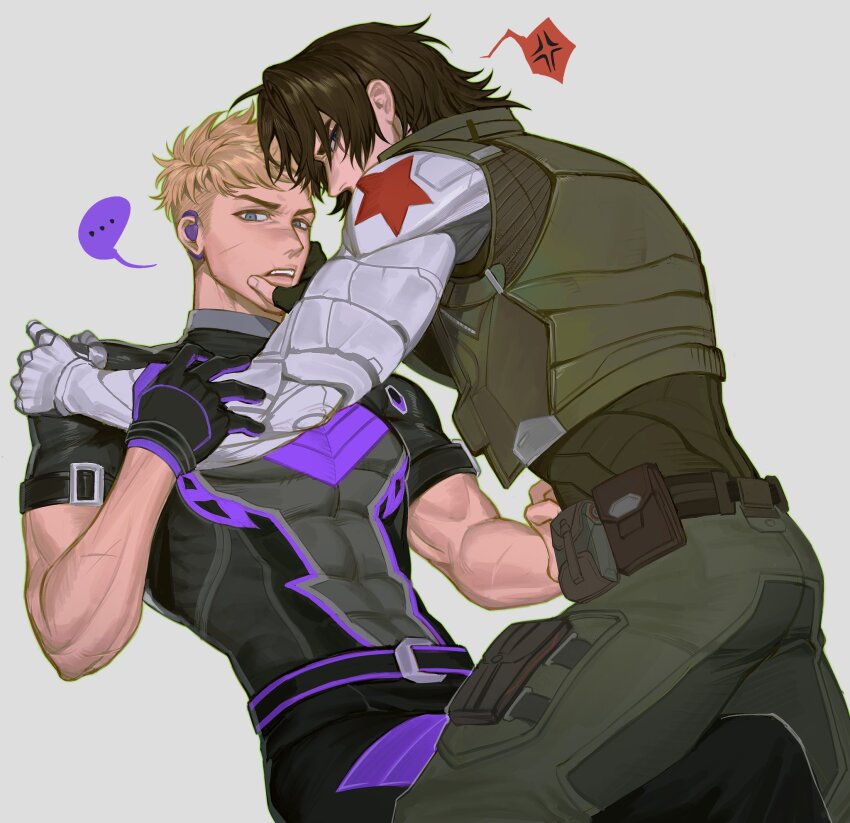 ... 2boys anger_vein avengers_(series) back belt black_belt black_gloves black_pants black_shirt blonde_hair blue_eyes brown_hair bucky_barnes clint_barton commentary covered_mouth english_commentary fingernails gloves green_pants green_vest hand_on_another&#039;s_chin hand_on_another&#039;s_shoulder hawkeye_(marvel) hdhaiajhc highres looking_at_viewer marvel marvel_rivals multiple_boys open_mouth pants partially_fingerless_gloves pocket prosthesis prosthetic_arm scar scar_across_eye scar_on_face shirt short_hair short_sleeves simple_background sitting spoken_anger_vein spoken_ellipsis star_(symbol) teeth v-shaped_eyebrows vest white_background winter_soldier yaoi