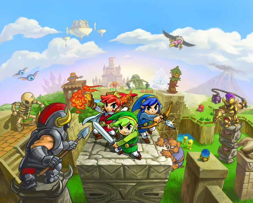 6+boys absurdres armor ball_and_chain_(weapon) belt blue_hair blue_headwear blue_sky blue_tunic bow_(weapon) brown_footwear cloud day fake_horns fireball green_hair green_headwear green_tunic helmet highres holding holding_polearm holding_sword holding_weapon horned_helmet horns link magic monster multiple_boys multiple_persona nintendo octorok official_art outdoors pointy_ears polearm red_hair red_headwear red_tunic short_hair skeleton sky spear sword the_legend_of_zelda the_legend_of_zelda:_tri_force_heroes toon_link tunic weapon