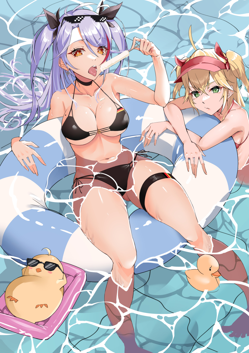 2girls absurdres admiral_hipper_(azur_lane) anchor_ornament azur_lane bikini black_bikini black_choker black_ribbon blonde_hair breasts choker cross day deal_with_it_(meme) earrings eating eyewear_on_head flag_print food from_above frown german_flag_bikini green_eyes hair_between_eyes hair_over_one_eye hair_ribbon hand_up hands_up hat highres holding holding_food holding_popsicle innertube iron_cross jewelry large_breasts leaning_on_object legs legs_apart long_hair looking_at_viewer looking_up lying manjuu_(azur_lane) medium_breasts meme mole mole_on_breast mole_under_eye multicolored_hair multiple_girls navel nukege_ojisan on_back orange_eyes outdoors partially_submerged popsicle prinz_eugen_(azur_lane) prinz_eugen_(unfading_smile)_(azur_lane) red_bikini red_hair red_ribbon ribbon side-tie_bikini_bottom skindentation small_breasts streaked_hair striped_innertube sunglasses swim_ring swimming swimsuit thigh_strap thighs two-tone_hair two_side_up very_long_hair white_hair yellow_eyes