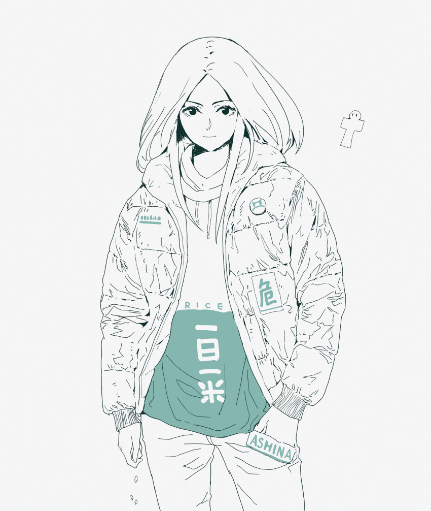 &gt;:( 1girl alternate_costume ching_yeh contemporary divine_child_of_rejuvenation drawstring english_text eyelashes hands_in_pockets highres hood hooded_jacket hoodie jacket logo long_hair long_sleeves looking_at_viewer parted_bangs partially_colored rice sekiro:_shadows_die_twice simple_background sketch smile standing unzipped