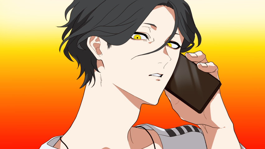1boy black_hair commentary_request gradient_background hair_between_eyes hand_up highres holding holding_phone iwnm0313 looking_at_viewer male_focus meguriya_ayumu netsu_ijou_(utau) orange_background parted_lips phone shirt short_hair solo toshi_densetsu_kaitai_center upper_body white_shirt yellow_eyes