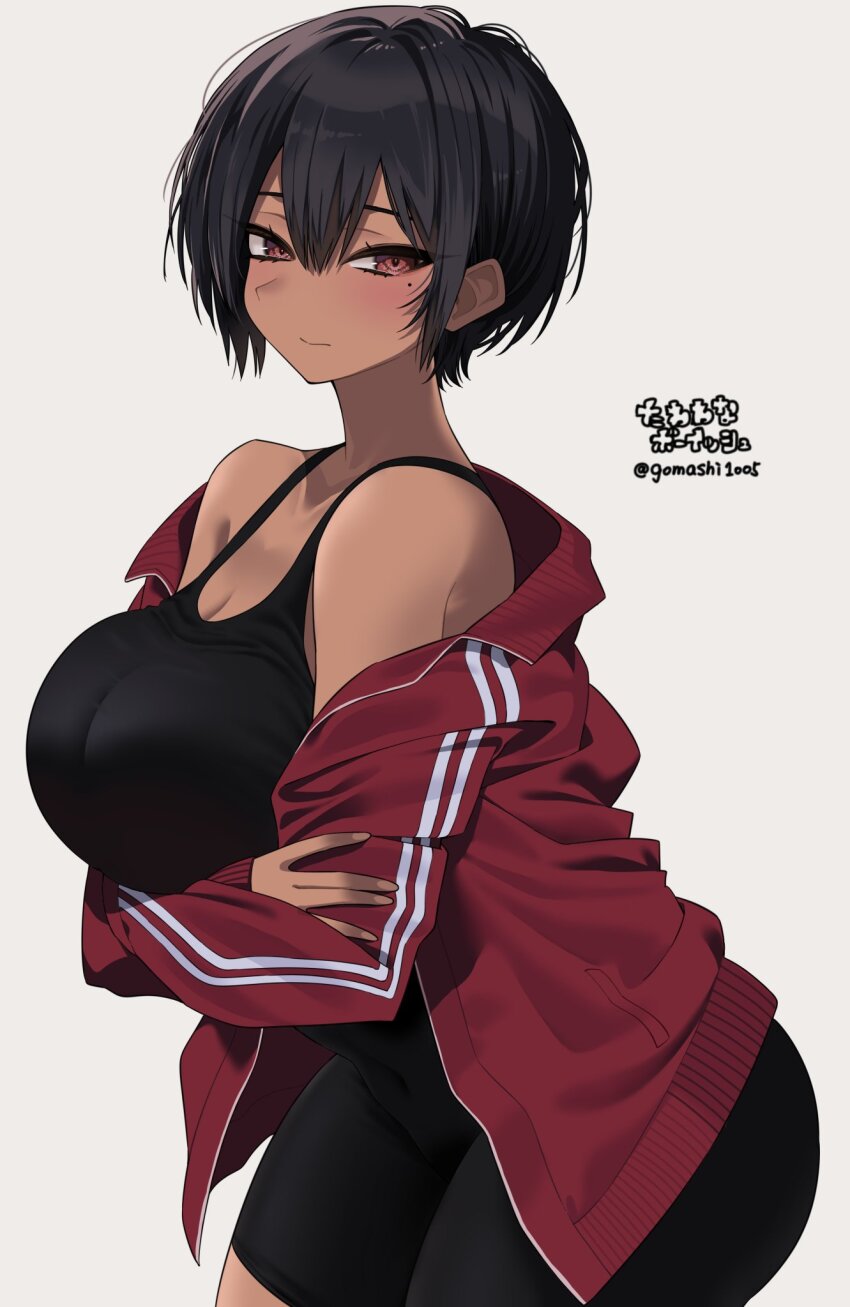 1girl arms_under_breasts artist_name black_hair black_unitard blush breasts brown_eyes closed_mouth commentary_request crossed_arms dark-skinned_female dark_skin gomashi_(goma) grey_background highres jacket large_breasts looking_at_viewer mole mole_under_eye open_clothes open_jacket original red_jacket short_hair simple_background solo striped_clothes striped_jacket track_jacket twitter_username vertical-striped_clothes vertical-striped_jacket