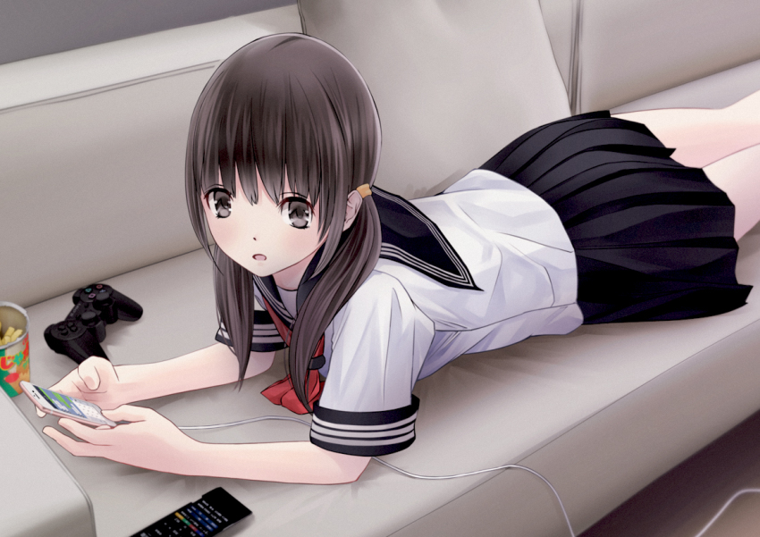 1girl bad_id bad_pixiv_id black_eyes black_hair black_skirt cable can cellphone chikuwa_(glossymmmk) chikuwa_(odennabe) chips_(food) commentary_request controller couch cushion dualshock dutch_angle female_focus food game_controller gamepad holding holding_phone indoors long_hair looking_to_the_side lying neckerchief on_couch on_stomach open_mouth original phone playstation_controller pleated_skirt red_neckerchief remote_control revision school_uniform serafuku short_sleeves skirt smartphone solo twintails