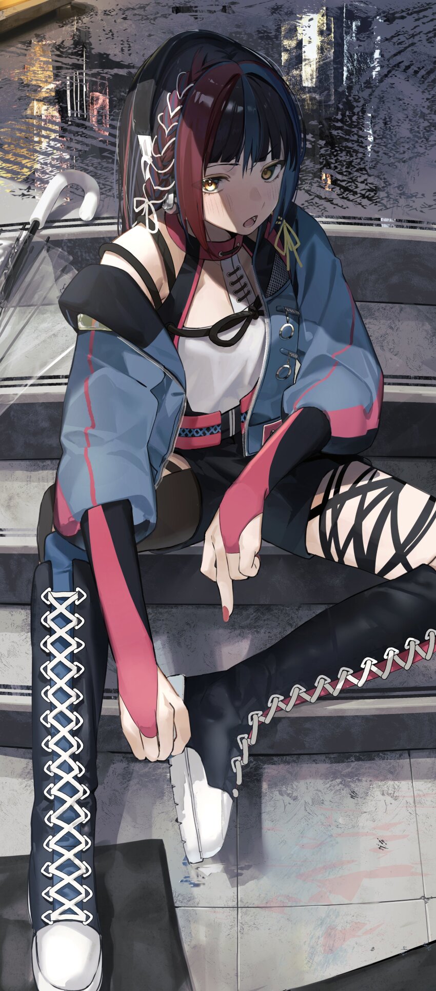 1girl absurdres black_footwear black_hair black_shorts blue_hair blue_jacket blush boots braid brown_eyes commentary full_body harusaruhi highres jacket kamitsubaki_studio knee_boots long_hair looking_at_viewer middle_finger multicolored_hair nail_polish off_shoulder open_clothes open_jacket open_mouth outdoors parasol pink_nails puffy_sleeves red_hair shirt short_shorts shorts side_braid single_bare_shoulder sitting sitting_on_stairs solo_focus stairs symbol-only_commentary takotousagi thigh_strap transparent transparent_umbrella umbrella v-shaped_eyebrows virtual_youtuber white_shirt