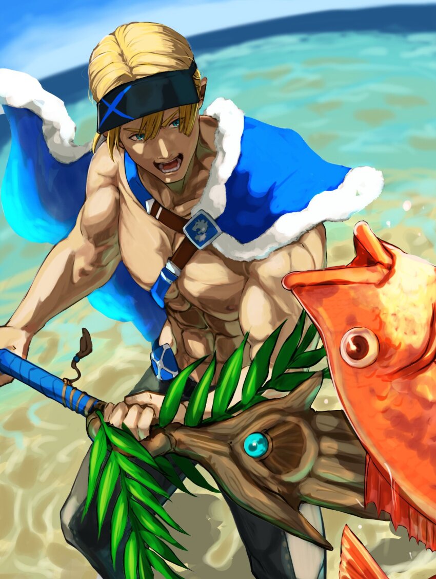1boy abs bara beach biceps blonde_hair blue_cape blue_eyes brooch cape dimitri_alexandre_blaiddyd dimitri_alexandre_blaiddyd_(summer) fire_emblem fire_emblem:_three_houses fire_emblem_heroes fish highres holding holding_weapon jewelry large_pectorals male_focus male_swimwear muscular muscular_male nintendo nipples ocean official_alternate_costume open_mouth pectorals sutekina_yari topless_male weapon