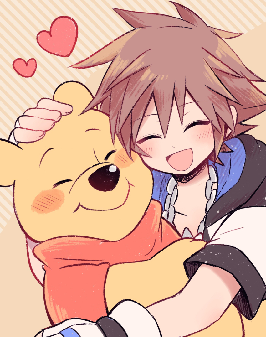 1boy bear blush blush_stickers brown_hair chain chain_necklace closed_eyes commentary_request gloves hand_on_another&#039;s_head heart highres hood hood_down hooded_jacket hug jacket jewelry kingdom_hearts kingdom_hearts_ii male_focus necklace open_mouth orange_background pooh short_hair short_sleeves smile sora_(kingdom_hearts) spiked_hair spoken_heart upper_body white_gloves winnie_the_pooh yataba