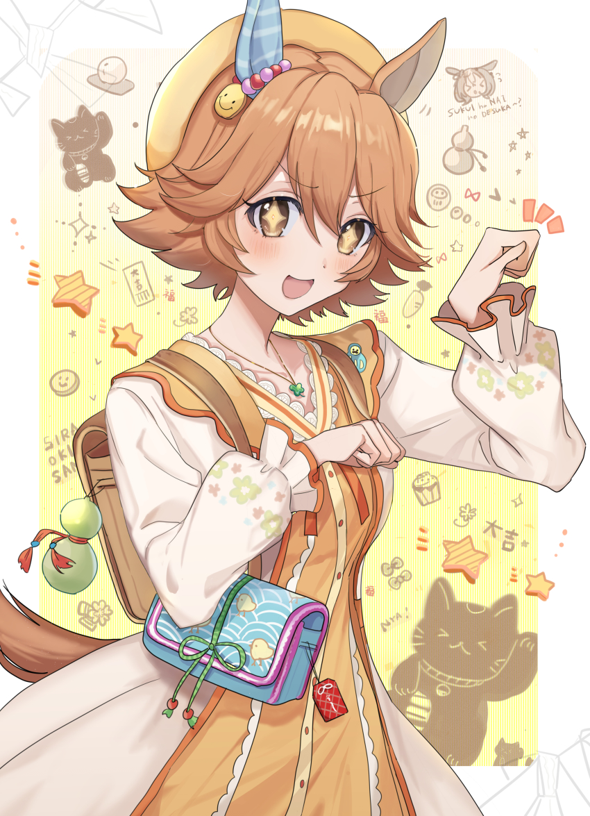 +_+ 1girl absurdres animal_ears bag beret blush breasts collarbone commentary_request hat highres horse_ears horse_girl horse_tail huwarinn99 jewelry looking_at_viewer matikanefukukitaru_(good_omen_first_storm)_(umamusume) matikanefukukitaru_(umamusume) medium_breasts necklace official_alternate_costume open_mouth orange_hair solo tail umamusume yellow_eyes