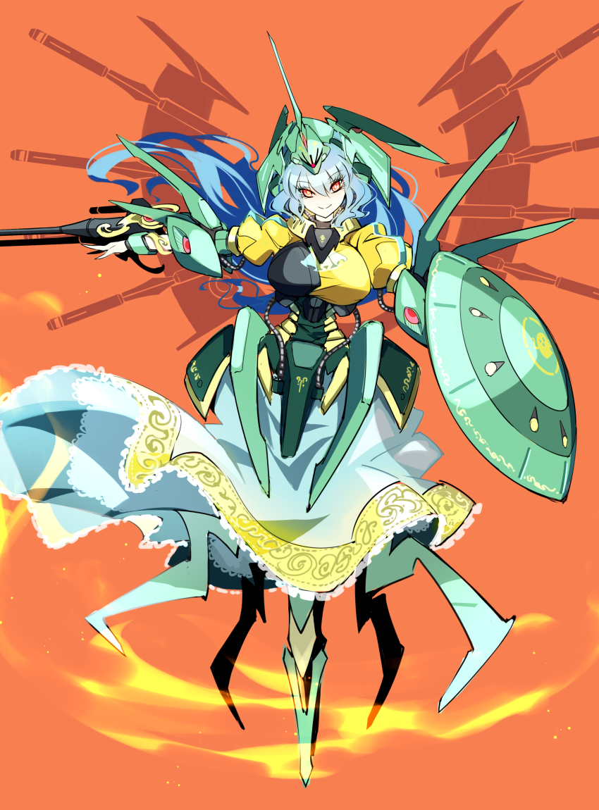 1girl absurdres aqua_hair aqua_skirt blue_hair breasts bright_pupils closed_mouth energy eyelashes eyes_visible_through_hair floating_hair gradient_hair gundam hair_between_eyes haniwa_print haniyasushin_keiki head_tilt highres large_breasts light_particles long_hair long_skirt looking_at_viewer mecha_musume multicolored_hair orange_background outstretched_arm palace_athene puffy_short_sleeves puffy_sleeves raptor7 shield shirt short_sleeves sketch skirt smile solo touhou white_pupils yellow_shirt zeta_gundam
