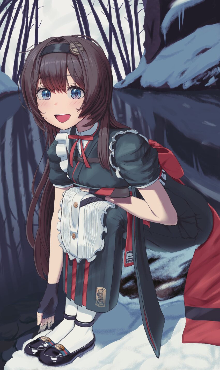 1girl absurdres apron black_gloves black_headband brown_hair cloth fingerless_gloves frilled_apron frills full_body gloves goddess_of_victory:_nikke green_kimono grey_eyes hair_between_eyes headband highres japanese_clothes kano_hoshi kimono long_hair mica_(nikke) mica_(snow_buddy)_(nikke) obi official_alternate_costume on_rock open_mouth outdoors rock sash sidelocks sitting snow solo sparkle towel tree very_long_hair water