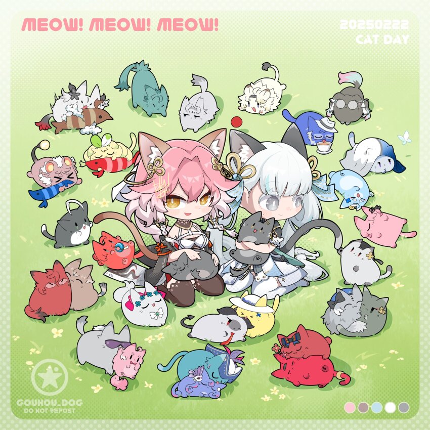 2girls aalto_(wuthering_waves) animal_ears baizhi_(wuthering_waves) black_collar black_thighhighs braid brant_(wuthering_waves) breasts bright_pupils calcharo_(wuthering_waves) camellya_(wuthering_waves) carlotta_(wuthering_waves) cat_day cat_ears changli_(wuthering_waves) chibi chibi_only chixia_(wuthering_waves) cleavage closed_mouth coat collar color_guide colored_eyelashes commentary_request danjin_(wuthering_waves) dog-san dress encore_(wuthering_waves) everyone hair_extensions highres jianxin_(wuthering_waves) jinhsi_(wuthering_waves) jiyan_(wuthering_waves) kemonomimi_mode large_breasts lingyang_(wuthering_waves) looking_at_viewer lumi_(wuthering_waves) mortefi_(wuthering_waves) multicolored_hair multiple_girls parted_lips phoebe_(wuthering_waves) pink_hair revision ring_hair_extensions roccia_(wuthering_waves) sanhua_(wuthering_waves) shorekeeper_(wuthering_waves) sitting smile taoqi_(wuthering_waves) thighhighs twin_braids two-tone_hair verina_(wuthering_waves) wariza white_coat white_dress white_eyelashes white_eyes white_hair white_pupils wuthering_waves xiangli_yao_(wuthering_waves) yangyang_(wuthering_waves) yellow_eyes yinlin_(wuthering_waves) youhu_(wuthering_waves) yuanwu_(wuthering_waves) zani_(wuthering_waves) zhezhi_(wuthering_waves)