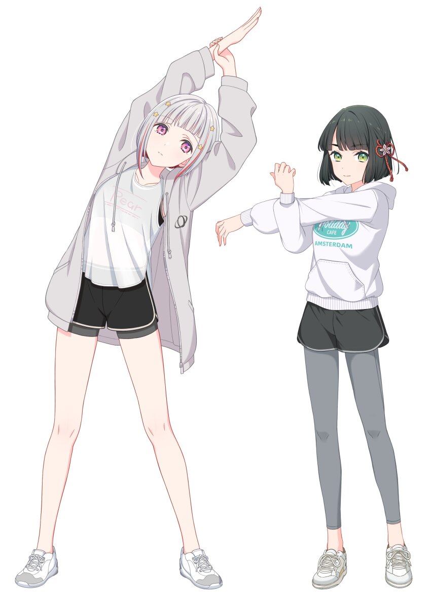 2girls absurdres arms_up bike_shorts bike_shorts_under_shorts black_hair black_shorts black_sports_bra blunt_bangs blunt_ends bob_cut breasts closed_mouth clothes_writing collarbone colored_inner_hair commentary_request diagonal_bangs dolphin_shorts flower flower_knot frown full_body green_eyes grey_hair grey_jacket grey_leggings hair_flower hair_ornament highres hood hood_down hooded_jacket hoodie inverted_bob jacket leggings leggings_under_shorts link!_like!_love_live! long_sleeves looking_to_the_side love_live! momose_ginko momose_ginko_(summer_training_wear) multicolored_hair multiple_girls official_alternate_costume official_art open_clothes open_jacket pink_eyes puffy_long_sleeves puffy_sleeves red_hair second-party_source see-through_clothes see-through_midriff see-through_tank_top shoes short_hair short_shorts shorts sideways_glance simple_background small_breasts sneakers sports_bra sports_bra_visible_through_clothes standing star_(symbol) star_hair_ornament streaked_hair stretching tank_top transparent_background virtual_youtuber white_hoodie white_shoes white_tank_top yugiri_tsuzuri yugiri_tsuzuri_(summer_training_wear)