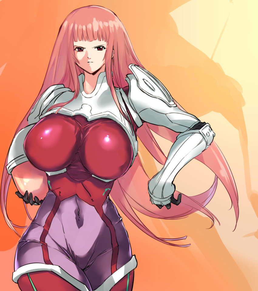 1girl blunt_bangs bodysuit breasts closed_mouth gloves helmet highres ken_marinaris large_breasts long_hair looking_at_viewer negresco pilot_suit pink_bodysuit pink_hair skin_tight solo standing very_long_hair zone_of_the_enders zone_of_the_enders_2