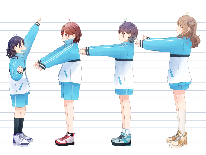 4girls absurdres arm_up asakura_toru black_socks blue_shorts blush commentary from_side fukumaru_koito full_body hands_up height height_chart highres higuchi_madoka ichikawa_hinana idolmaster idolmaster_shiny_colors jacket kneehighs looking_ahead looking_at_another multiple_girls noctchill_(idolmaster) profile shoes shorts smile sneakers socks track_jacket white_socks yuumaru_(awhc7334)