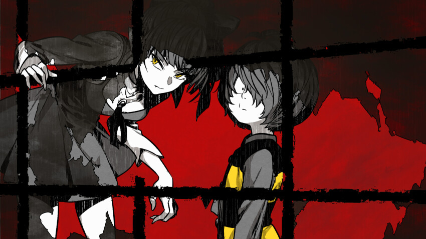 ._. 1boy 1girl commentary_request gegege_no_kitarou hair_over_one_eye highres kitarou looking_at_viewer nekomusume nekomusume_(gegege_no_kitarou_6) short_hair silanduqiaocui spot_color yellow_eyes