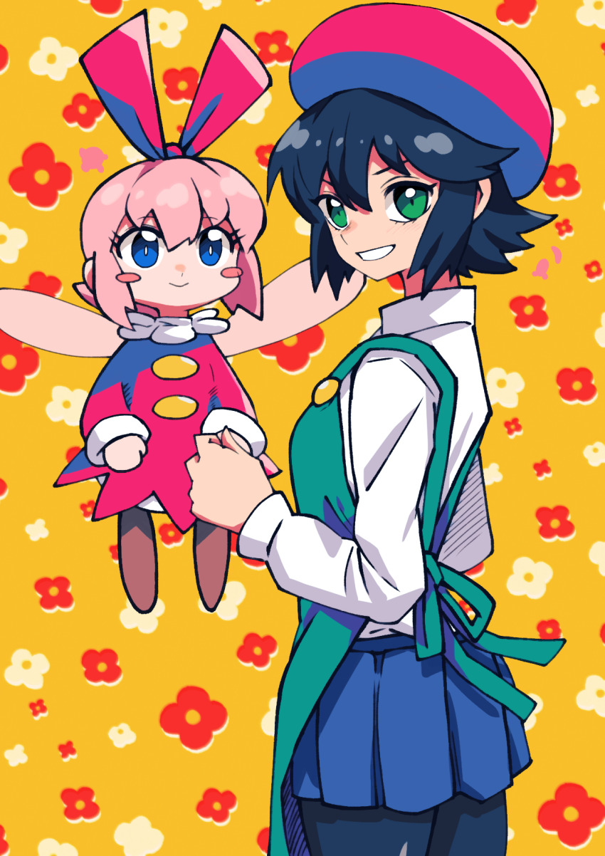 2girls adeleine aged_up apron batchgooya beret black_hair blue_eyes blush_stickers cowboy_shot dress fairy fairy_wings floral_background floral_print green_eyes grin hair_ribbon hat highres kirby_(series) kirby_64 looking_at_viewer looking_back medium_hair multiple_girls nintendo pleated_skirt ribbon ribbon_(kirby) skirt smile wings yellow_background