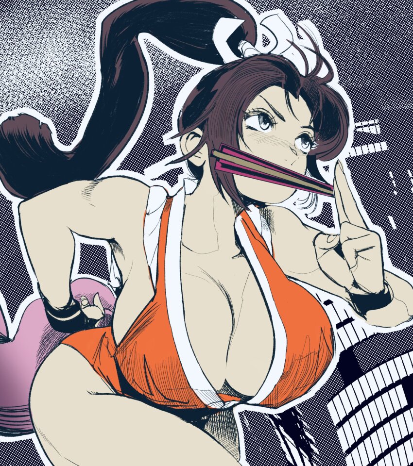 1girl antenna_hair arm_guards bare_shoulders breasts brown_hair cleavage fatal_fury female_focus folded_fan folding_fan from_below grey_eyes hand_fan high_ponytail highres hiroshi_mono huge_breasts japanese_clothes kuji-in long_hair motoyui mouth_hold ninja pelvic_curtain ponytail revealing_clothes running shiranui_mai snk solo the_king_of_fighters