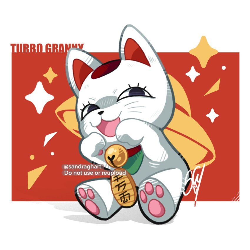 1girl :3 animal_ears bell cat cat_ears character_name commentary dandadan english_commentary floating_hair full_body looking_at_viewer maneki-neko neck_bell open_mouth sandragh shaded_face signature solo turbo_granny_(dandadan) twitter_username ufo whiskers