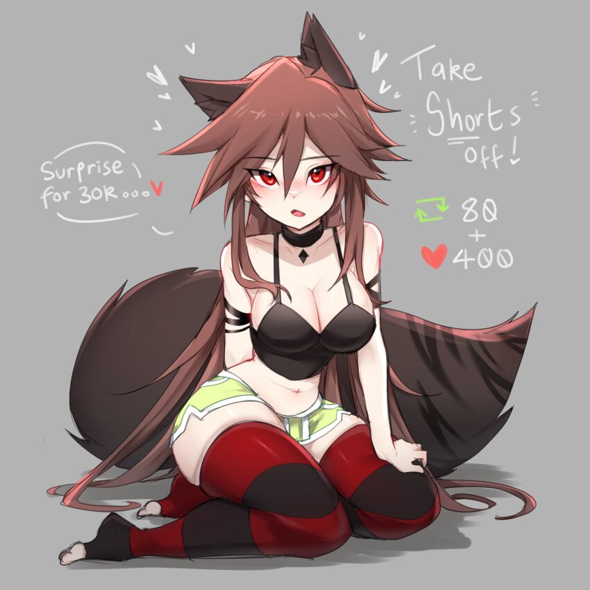 animal_ears armlet collar commentary crop_top cry_(crydiaa) crydiaa_(artist) english_commentary fang green_shorts grey_background heart heart-shaped_pupils highres indie_virtual_youtuber jewelry long_hair original pointy_hair red_eyes shorts strip_game striped_clothes striped_thighhighs symbol-shaped_pupils tail thighhighs wolf_ears wolf_girl wolf_tail