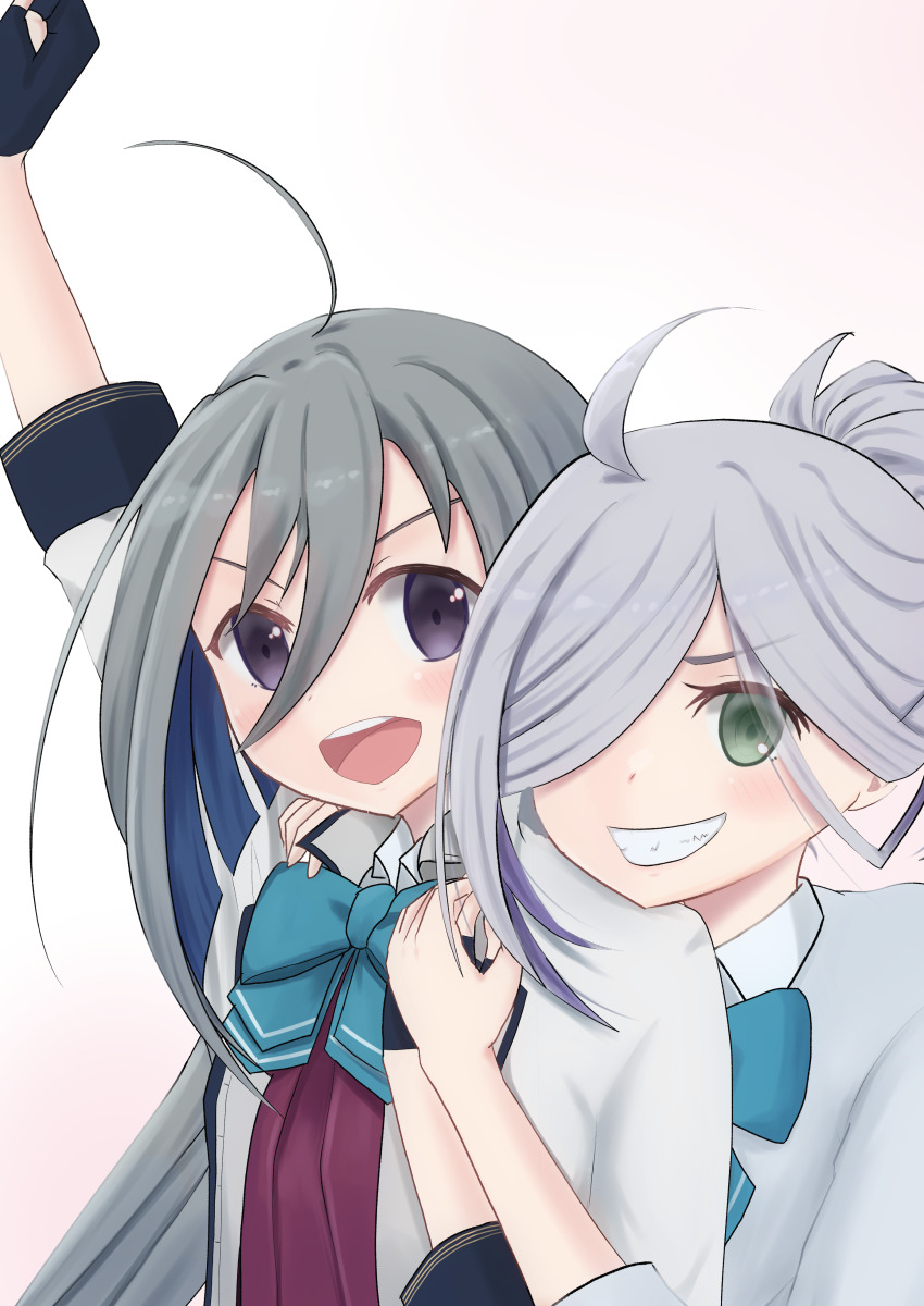 2girls absurdres ahoge aqua_bow aqua_bowtie asashimo_(kancolle) black_gloves bow bowtie coat dress gloves grey_coat grey_eyes grey_hair hair_over_one_eye halter_dress halterneck highres kantai_collection kiyoshimo_(kancolle) kiyoshimo_kai_ni_(kancolle) low_twintails multiple_girls natsumoto_itsuki purple_dress sharp_teeth teeth twintails upper_body white_background