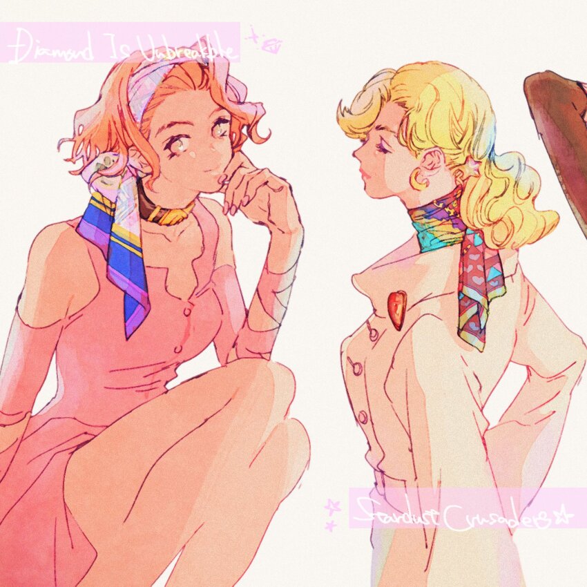 2girls bandana blonde_hair breasts brown_hair choker closed_eyes closed_mouth coat commentary_request copyright_name diamond_wa_kudakenai dress earrings highres jewelry jojo_no_kimyou_na_bouken kusamura_dai kuujou_holly long_hair long_sleeves looking_at_viewer medium_breasts multiple_girls pink_dress pink_nails short_hair smile stardust_crusaders sugimoto_reimi