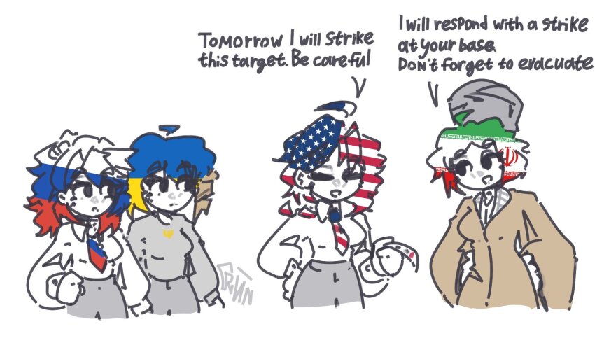 4girls :d american_flag brown_jacket closed_eyes english_text grey_pants highres holding iranian_flag jacket meme multiple_girls necktie open_mouth pants personification real_life russian_flag simple_background smile solo trun2554 turban ukrainian_flag unmoving_pattern white_background
