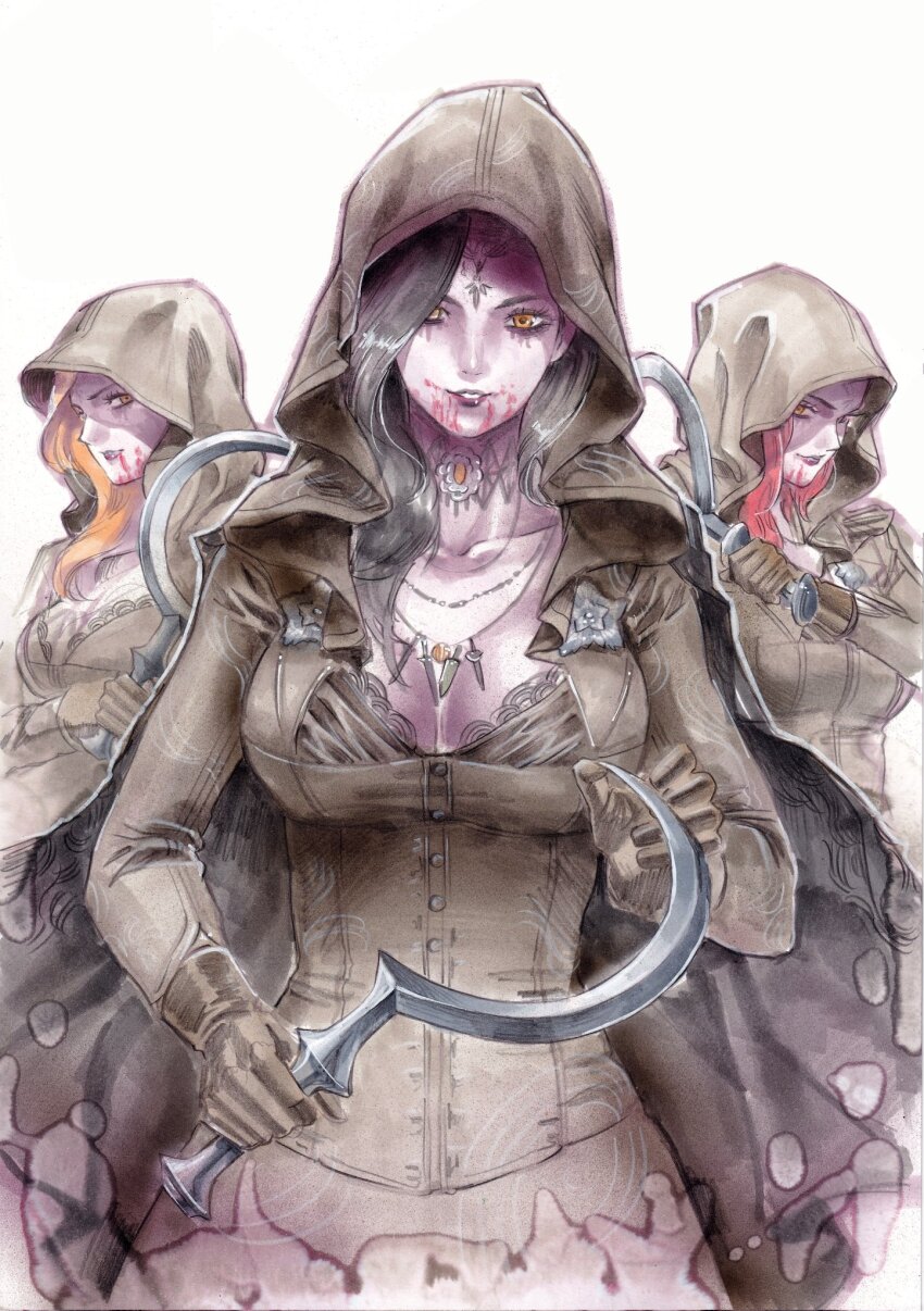 3girls bela_dimitrescu black_hair black_lips blonde_hair blood blood_on_face blood_on_mouth breasts cassandra_dimitrescu cloak daniela_dimitrescu gloves highres holding_sickle hood hood_up hooded_cloak jewelry makeup multiple_girls necklace pale_skin parted_lips red_hair resident_evil resident_evil_village rodrigo_yoshimiya runny_makeup sickle smile yellow_eyes