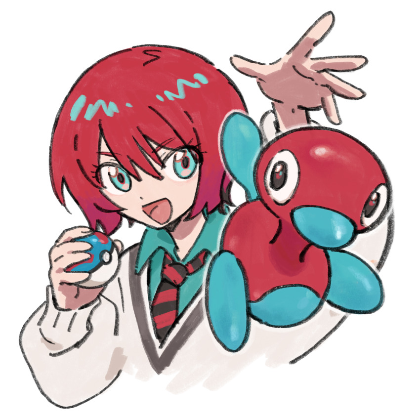 1girl amate_yuzuriha aqua_eyes chinese_commentary collared_shirt commentary_request crossover gen_2_pokemon gundam gundam_gquuuuuux highres holding holding_poke_ball looking_at_viewer necktie nintendo open_mouth poke_ball pokemon pokemon_(creature) porygon2 red_hair school_uniform shenghuotui_xingxing shirt short_hair simple_background smile solo sweater white_background