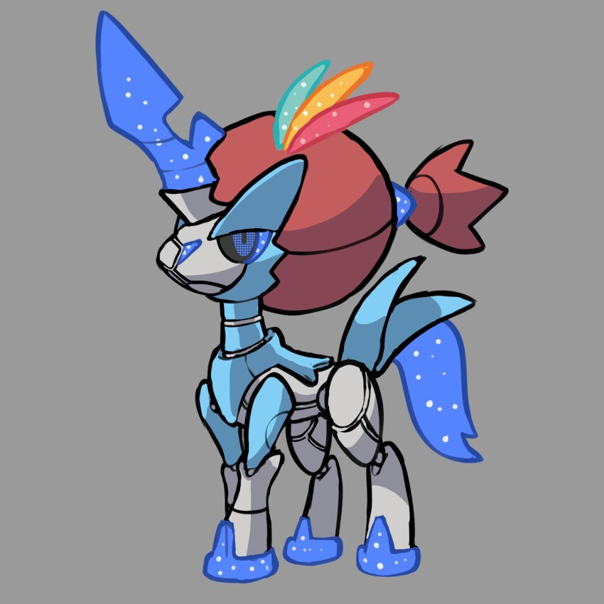 absurdres adoptable black_sclera blue_eyes colored_sclera commentary english_commentary fakemon full_body gen_5_pokemon grey_background highres horns keldeo keldeo_(resolute) legendary_pokemon mythical_pokemon nintendo no_humans non-humanoid_robot original pixel_eyes pokemon pokemon_(creature) pokemon_focus rgreywind robot robot_animal simple_background single_horn solo
