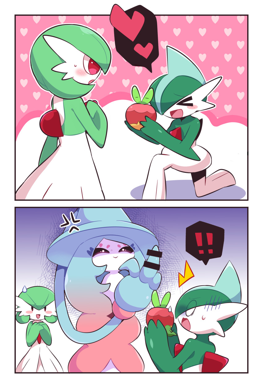 ! !! absurdres anger_vein applin black_sclera blank_eyes blush bob_cut closed_eyes colored_sclera colored_skin dress gallade gardevoir gen_3_pokemon gen_4_pokemon gen_8_pokemon green_hair green_skin hat hatterene heart heart_background highres middle_finger multicolored_hair multicolored_skin nintendo on_one_knee open_mouth pink_eyes pokemon pokemon_(creature) prehensile_hair subaru331 surprised sweatdrop two-tone_skin white_dress white_skin witch_hat