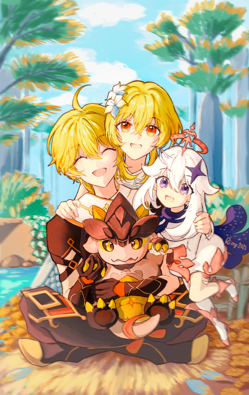 1boy 2girls absurdres aether_(genshin_impact) ahoge animal animal_hug blonde_hair blue_eyes blue_scarf brother_and_sister brown_pants brown_shirt closed_eyes genshin_impact hair_ornament halo highres little_one_(genshin_impact) long_hair looking_at_viewer lumine_(genshin_impact) multiple_girls open_mouth outdoors paimon_(genshin_impact) pants rimy_hong romper scarf shirt short_hair_with_long_locks siblings sitting tepetlisaurus_(genshin_impact) white_hair white_romper white_scarf yellow_eyes