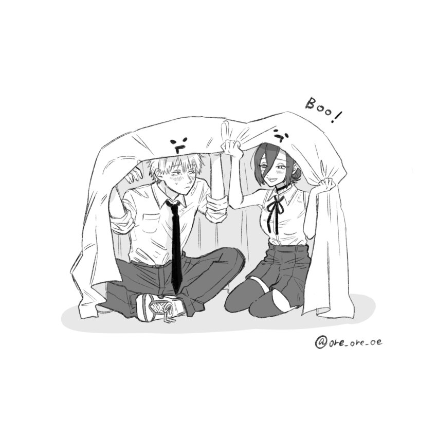 1boy 1girl bed_sheet blush chainsaw_man collared_shirt commentary denji_(chainsaw_man) ghost_costume greyscale hair_between_eyes highres holding holding_sheet indian_style looking_at_another monochrome neck_ribbon necktie ore_ore_oe reze_(chainsaw_man) ribbon shirt shirt_tucked_in shoes shorts simple_background sitting sleeveless sleeveless_shirt sleeves_rolled_up sneakers thighhighs twitter_username white_background wing_collar yokozuwari