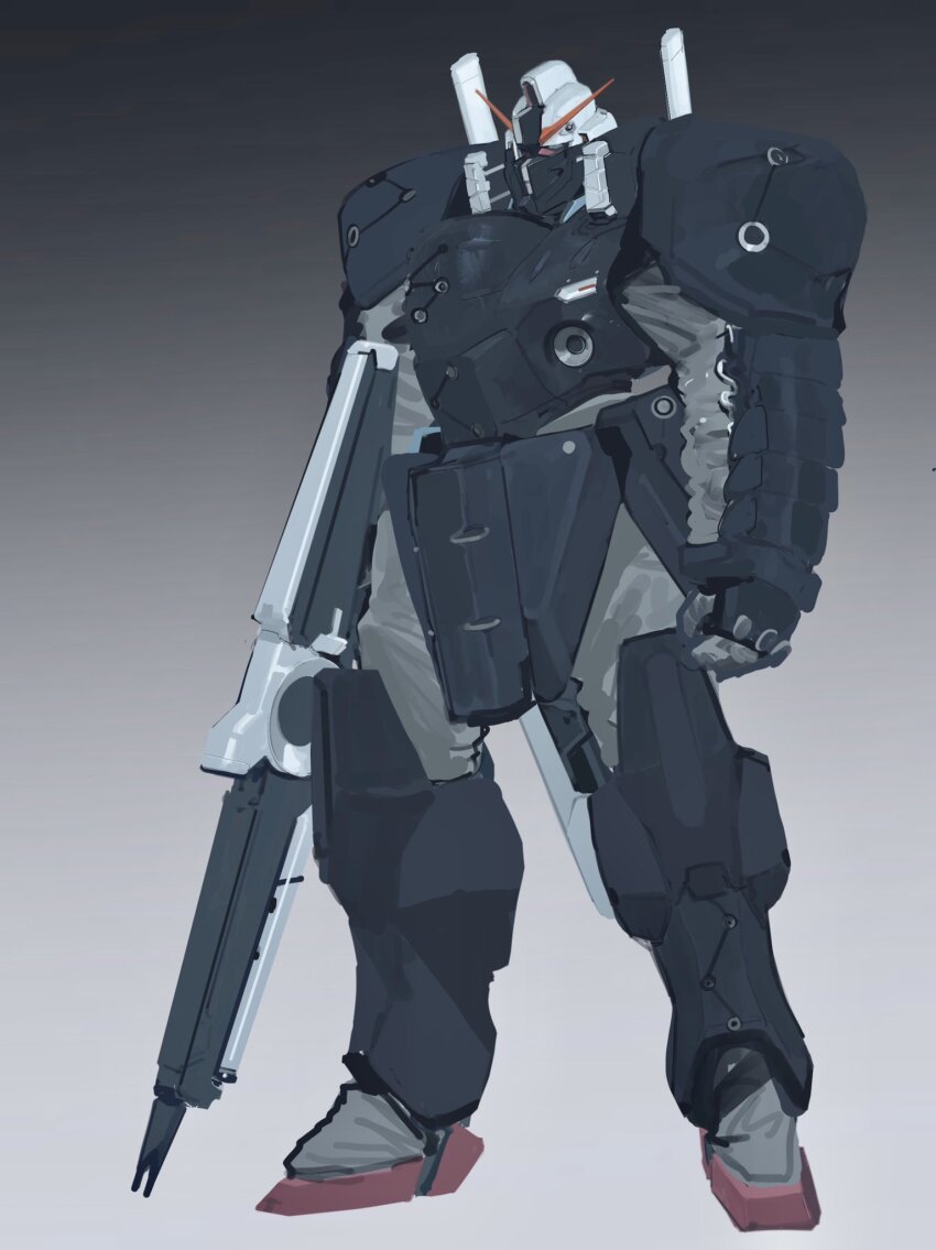 full_body gradient_background green_eyes gun gundam highres holding holding_gun holding_weapon looking_ahead mecha mobile_suit no_humans original rintaro_komori robot science_fiction solo standing v-fin weapon