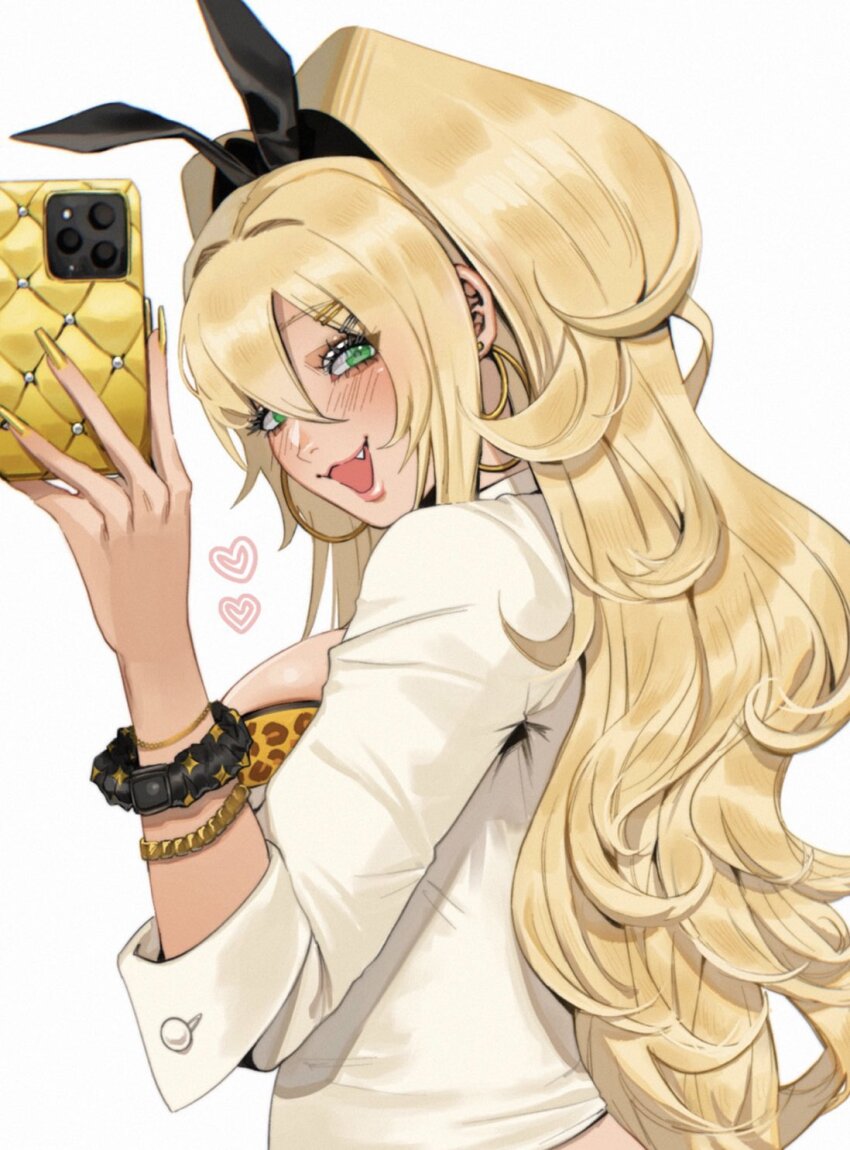 1girl :d animal_print blonde_hair blush bra bra_peek bracelet breasts cellphone earrings fang from_side goddess_of_victory:_nikke gold_nails green_eyes gyaru headgear heart highres holding holding_phone hoop_earrings jewelry kitty_keihara large_breasts leopard_print long_hair looking_at_viewer nail_polish open_mouth phone ponytail rupee_(nikke) scrunchie shirt simple_background smartphone smile solo underwear white_background white_shirt wrist_scrunchie