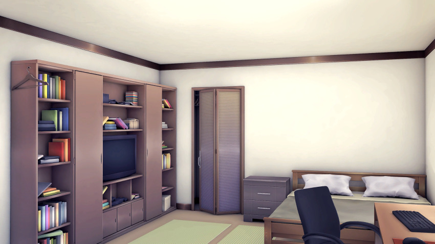 bed bedroom book book_stack bookshelf box cabinet cardboard_box ceiling chair closet clothes_hanger computer_keyboard computer_mouse controller desk doki_doki_literature_club floor game_cg game_console game_controller highres house indoors mousepad_(object) nightstand no_humans non-web_source office_chair pillow rug swivel_chair television velinquent