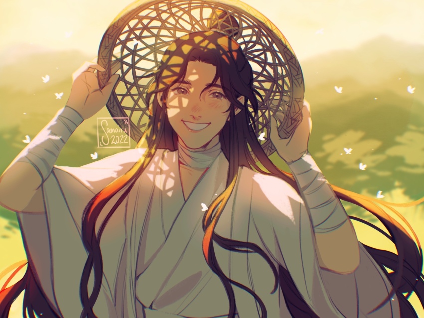 1boy arm_wrap bandaged_neck bandages bishounen blurry blurry_background brown_eyes brown_hair bug butterfly chinese_clothes commentary day english_commentary green_background hair_bun hanfu hat highres holding holding_unworn_clothes holding_unworn_hat insect long_hair looking_at_viewer male_focus mountainous_horizon open_mouth outdoors rice_hat robe samairu single_hair_bun sky smile solo tianguan_cifu unworn_hat unworn_headwear upper_body watermark white_butterfly white_hanfu wide_sleeves xie_lian yellow_sky