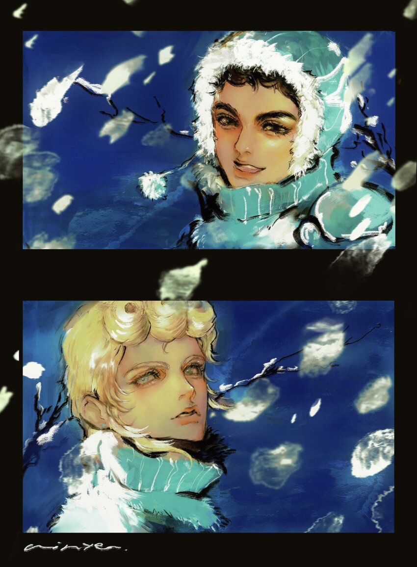 2boys a_io_u aqua_coat aqua_eyes aqua_hat black_border black_hair blonde_hair blue_background border coat curly_hair giorno_giovanna guido_mista hat highres hood hood_up jojo_no_kimyou_na_bouken male_focus multiple_boys parted_lips short_hair sidelocks smile upper_body vento_aureo winter