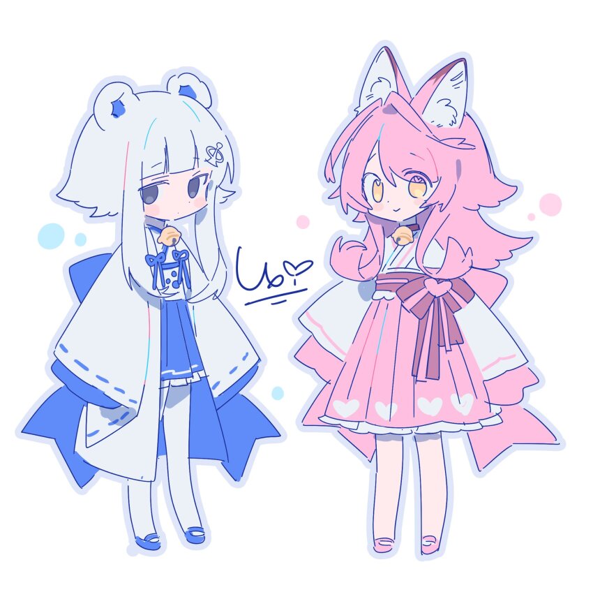 2girls animal_ears asphyxia17 bell blue_eyes blue_footwear blue_skirt cat_ears dress hair_ornament highres japanese_clothes long_hair multiple_girls original pink_dress pink_shoes shoes signature simple_background skirt white_background yellow_eyes