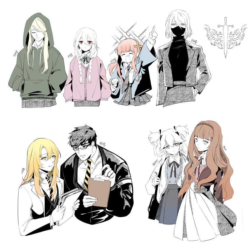 1boy 6+girls =_= absurdres alchemy_stars alternate_costume amol_0522 bag bags_under_eyes blonde_hair bow bowtie braid brown_hair casual character_name clipboard closed_eyes collared_shirt florine_(alchemy_stars) gabriel_(alchemy_stars) glasses green_hoodie hair_ornament hair_over_one_eye hand_in_pocket hands_in_pockets hedy_(alchemy_stars) highres holding holding_clipboard hood hood_up hoodie irridon_(alchemy_stars) jacket korean_text long_hair long_sleeves looking_at_another looking_back mask michael_(alchemy_stars) mouth_mask multiple_girls multiple_views necktie orange_hair partially_colored pink_sweater pittman_(alchemy_stars) pleated_skirt pointing pointing_up raphael_(alchemy_stars) red_eyes semi-rimless_eyewear shirt short_hair shoulder_bag skirt snake sparkle striped_necktie sweater twin_braids two_side_up uriel_(alchemy_stars) very_short_hair yellow_eyes