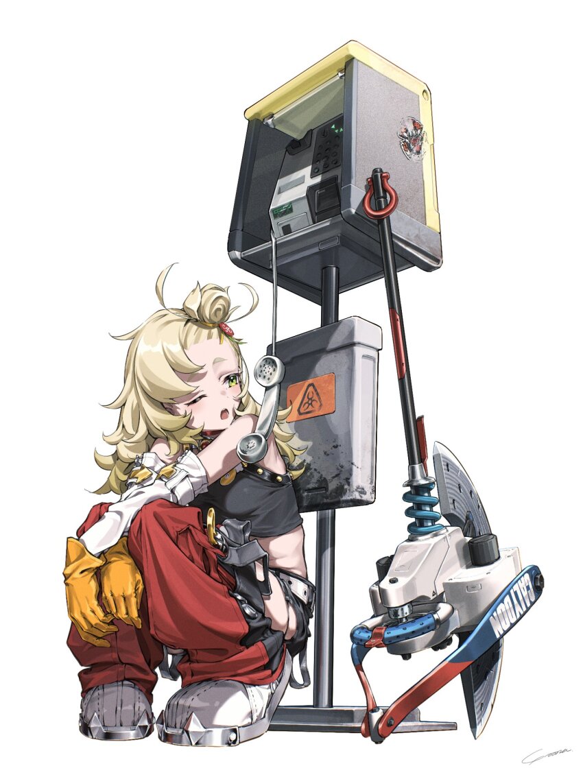 1girl asymmetrical_hair axe belt biohazard_symbol black_shirt black_shorts blonde_hair choker cropped_shirt crossed_arms detached_pants detached_sleeves full_body gloves green_eyes hair_bun hair_ornament head_tilt highres light_blush long_hair looking_to_the_side messy_hair one_eye_closed open_mouth pants payphone phone piper_wheel red_choker red_pants shirt shoes short_eyebrows short_shorts shorts signature simple_background single_hair_bun sleeveless sleeveless_shirt solo spiked_shirt squatting tiptoes white_background white_belt white_shoes white_sleeves yellow_gloves yo_na zenless_zone_zero