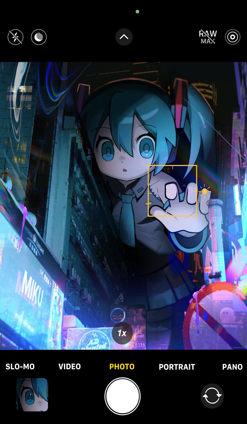 1girl :o absurdres black_necktie blue_eyes blue_hair building character_name city commentary detached_sleeves english_commentary english_text fake_phone_screenshot fake_screenshot grey_shirt hair_between_eyes hair_ornament hatsune_miku highres long_hair looking_at_viewer morizo_(morizoshop) necktie night outstretched_arm parted_lips road_sign shirt sign skirt solo twintails viewfinder vocaloid