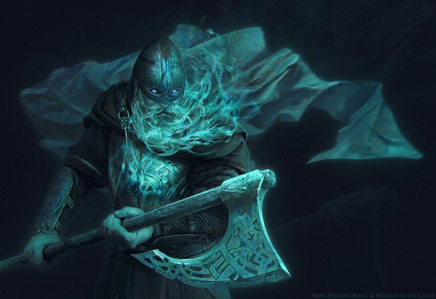 1boy akreon armor artist_name axe beard blue_eyes bracer breastplate cape facial_hair glowing glowing_eyes helmet holding holding_axe magic:_the_gathering official_art solo upper_body viking