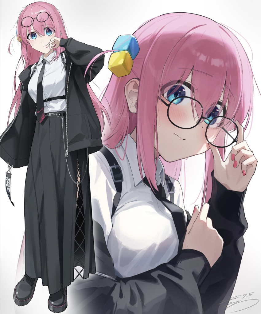 1girl absurdres adjusting_eyewear bespectacled black_jacket black_necktie black_shoes black_skirt blue_eyes blush bocchi_the_rock! closed_mouth collared_shirt commentary cube_hair_ornament eyewear_on_head glasses gotoh_hitori hair_ornament highres jacket long_hair long_skirt long_sleeves multiple_views nail_polish necktie one_side_up open_clothes open_jacket pink_hair red_nails seisyuntarotto shirt shoes signature simple_background skirt standing white_shirt