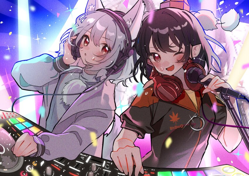 2girls ;d animal_ear_fluff animal_ears black_hair black_jacket blush commentary_request dj double-parted_bangs hair_between_eyes hat headphones headphones_around_neck highres holding holding_microphone inubashiri_momiji jacket looking_at_viewer microphone multiple_girls one_eye_closed open_mouth phonograph pointy_ears pom_pom_(clothes) red_eyes red_hat shameimaru_aya short_hair short_sleeves smile sweatdrop tamagogayu1998 tokin_hat touhou turntable upper_body white_hair white_jacket white_sleeves wolf_ears