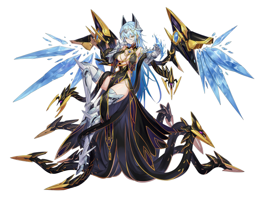 1girl absurdres black_dress blue_hair boots breasts circlet commission crystal_wings dress full_body gauntlets gold_trim high_heel_boots high_heels highres large_breasts long_hair looking_at_viewer mytea_(soso) no_panties original skeb_commission solo tentacle_clothes tentacles thigh_boots white_background yellow_eyes