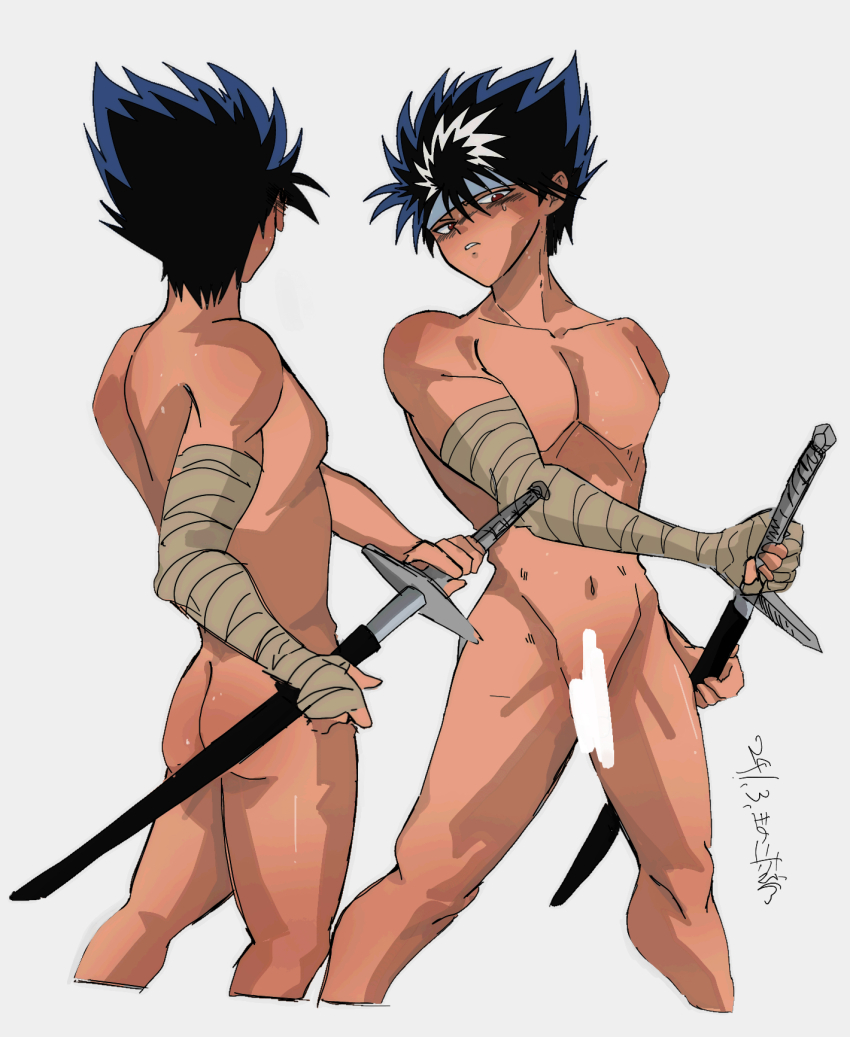 1boy bandaged_arm bandages black_hair censored gradient_hair headband hiei4455 hiei_(yu_yu_hakusho) highres male_focus multicolored_hair multiple_views nude red_eyes solo spiked_hair sword weapon white_background white_headband yuu_yuu_hakusho