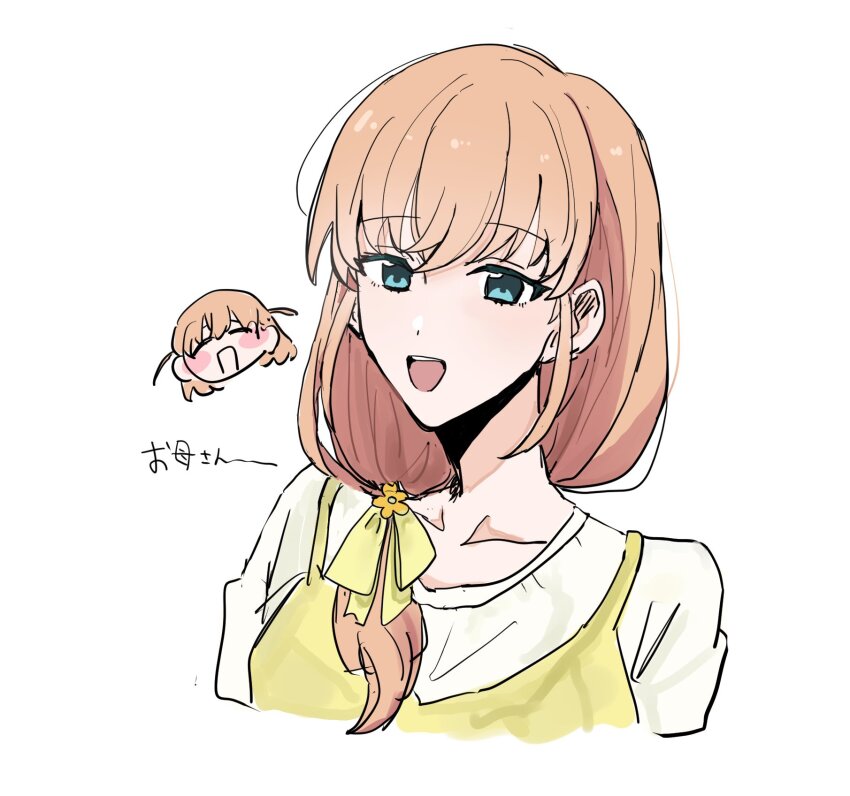 2girls :d blue_eyes chibi chibi_inset collarbone commentary_request dress flower hair_flower hair_ornament hair_over_shoulder hair_ribbon highres hinoshita_kaho hinoshita_kaho&#039;s_mother link!_like!_love_live! love_live! low_side_ponytail mother_and_daughter multiple_girls open_mouth orange_hair pinafore_dress ribbon shirt sleeveless sleeveless_dress smile solo_focus teeth upper_teeth_only virtual_youtuber white_background white_shirt yellow_dress yellow_flower yellow_ribbon zuisetsu