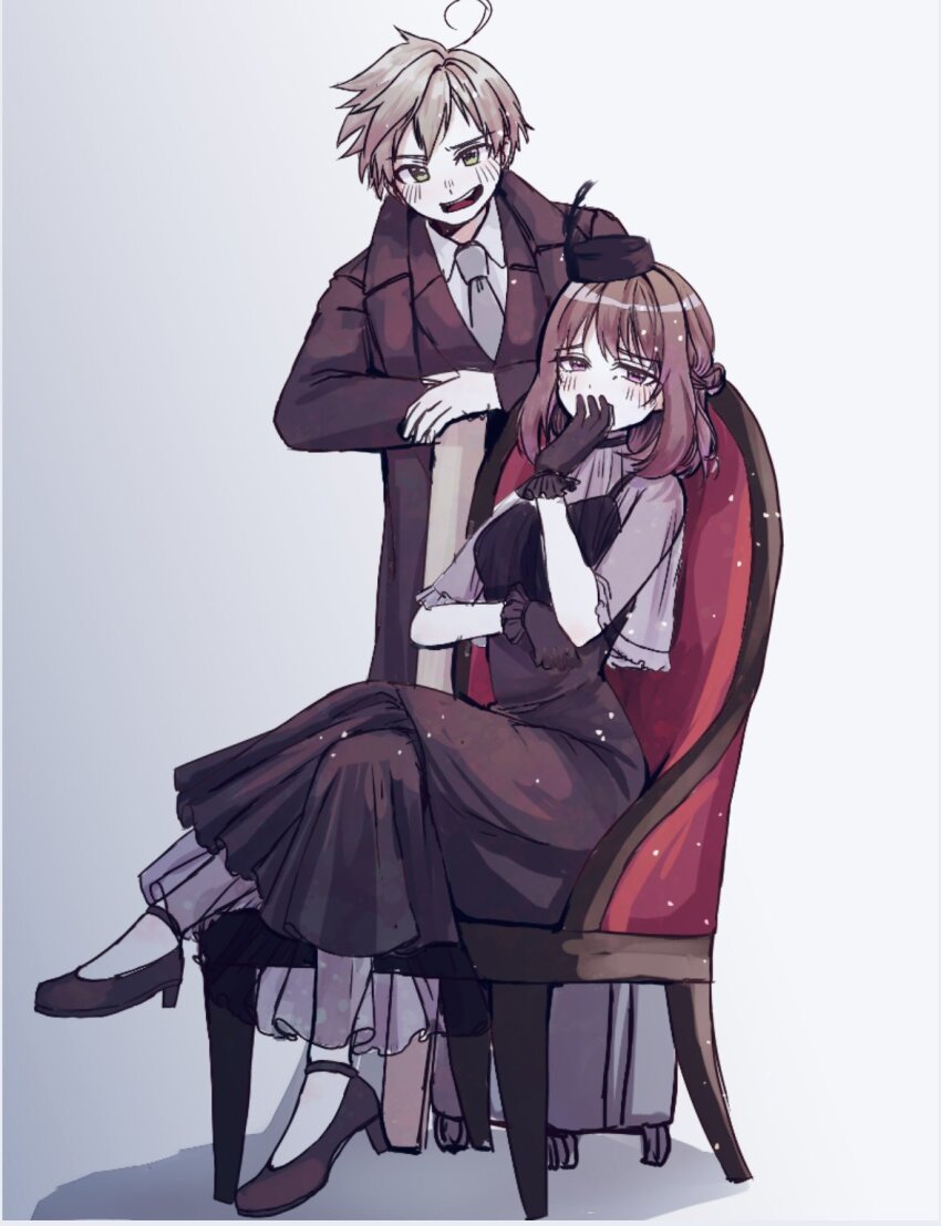 1boy 1girl 3ta_marja ahoge axis_powers_hetalia black_gloves crossed_legs czech_republic_(hetalia) gloves green_eyes highres looking_at_viewer purple_eyes sitting slovakia_(hetalia) smile